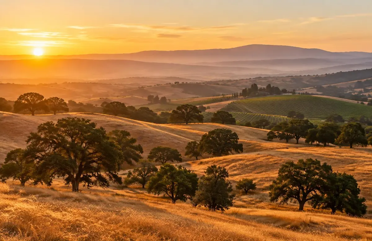 Golden rolling hills with scattered oak trees and vineyard rows on California's Central Coast at sunrise