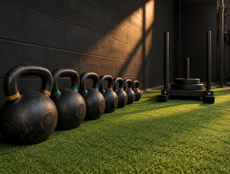 Row of cast iron kettlebells and a weighted sled on turf beside a dark block wall