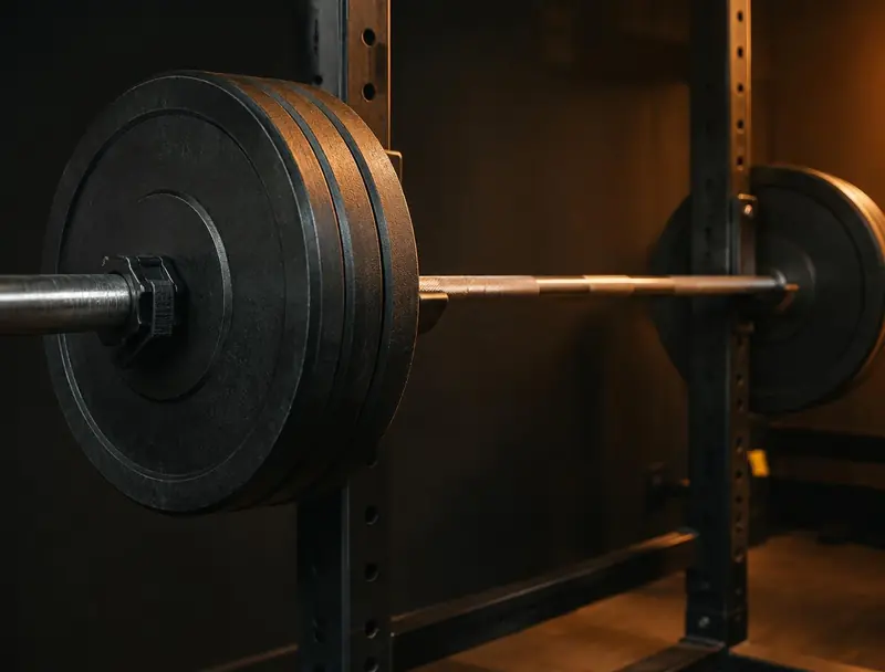 Loaded barbell resting on the rails of a squat rack in a dimly lit studio